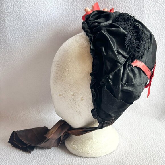 Antique Victorian Black Silk & Velvet Bonnet with Flower main image 12
